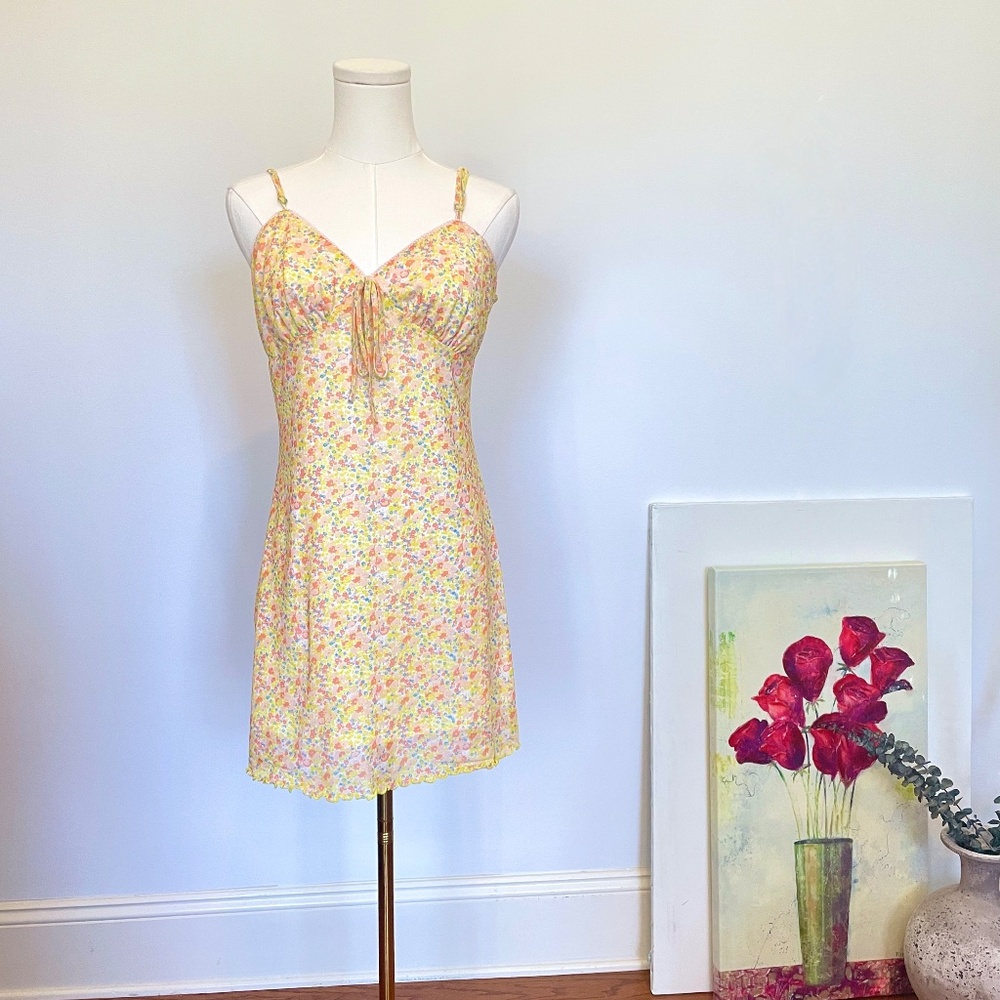 Y2K BP Floral Ruched Sweetheart Tie Summer Slip Dress M Coquette Soft Girl Twee